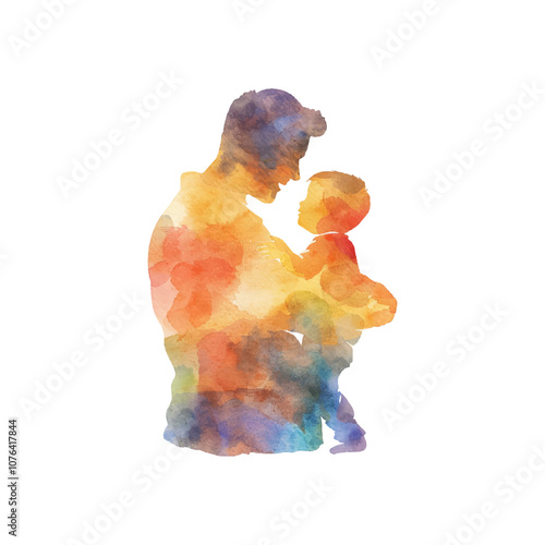 abstract color silhouette of father hugs son vector illustration in watercolor style