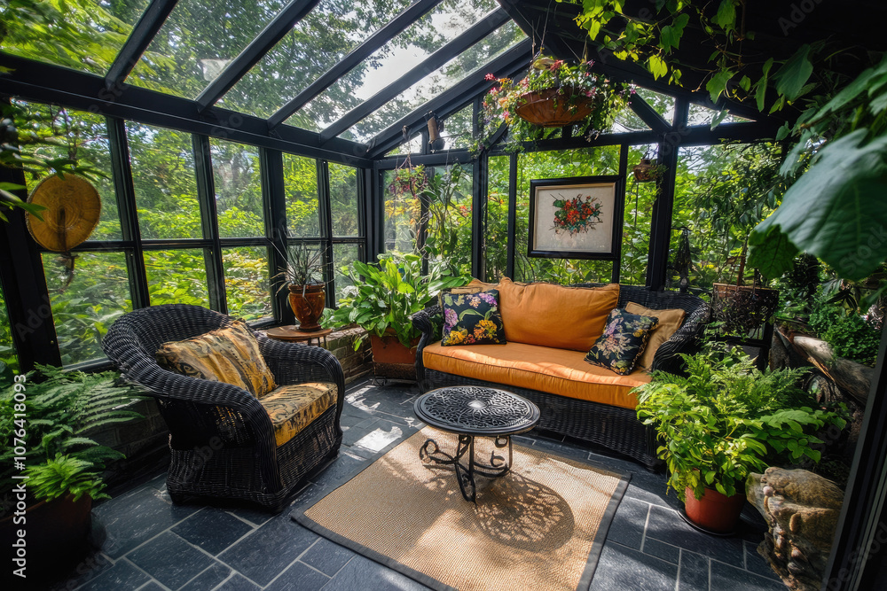 Fototapeta premium Cozy Outdoor Space with Vintage Greenhouse Featuring Black Framing for Rustic Vibe