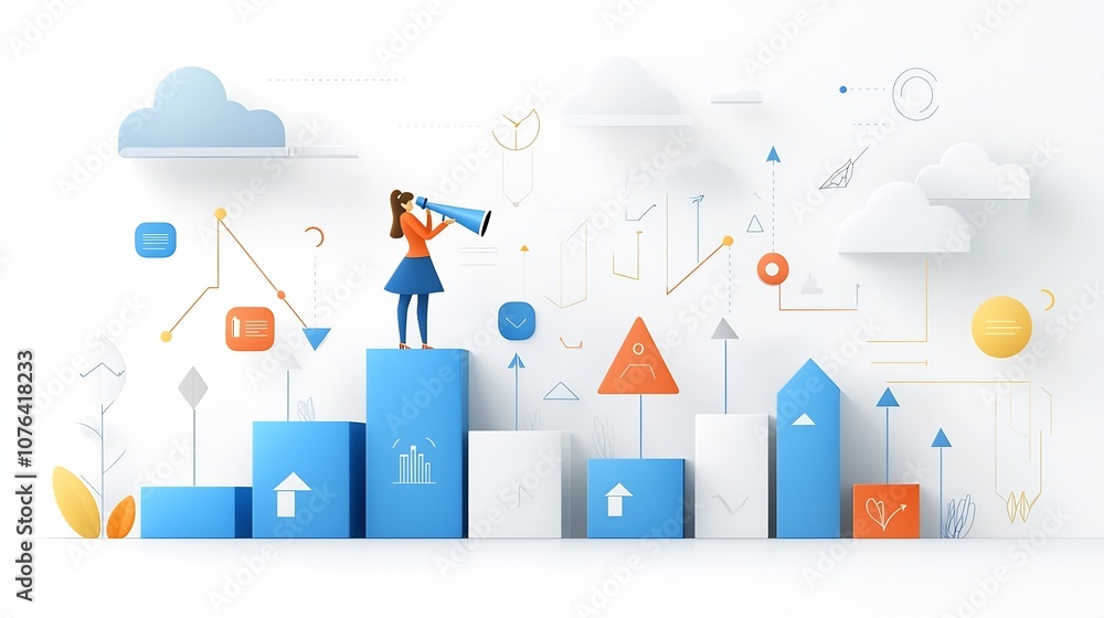of a determined forward looking female character holding a telescope and standing on a staircase made of large blue arrows symbolizing her ambitious career goals and vision for the future of a determined forward looking female character holding a telescope and standing on a staircase made of large blue arrows symbolizing her ambitious career goals and vision for the future