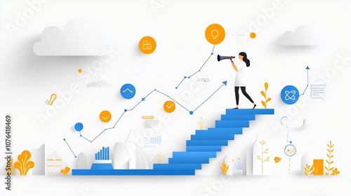Flat image featuring a woman holding a telescope on an ascending path of blue arrows suggesting strategic planning and career advancement
