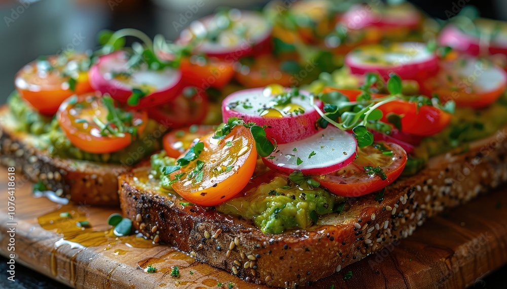 Close-up of Toasted Bread with Avocado, Tomatoes, and Radishes Close-up of Toasted Bread with Avocado, Tomatoes, and Radishes