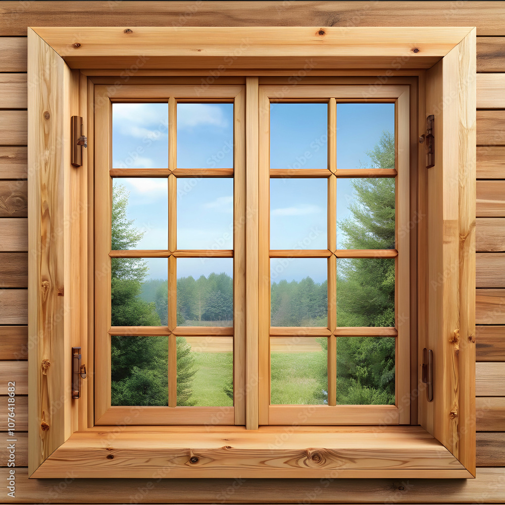 Fototapeta premium A wooden window design without glass, isolated on a white background.
