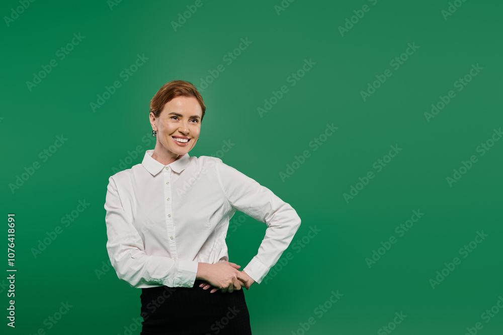 A professional woman in a smart white shirt stands confidently with a friendly smile on a green backdrop. A professional woman in a smart white shirt stands confidently with a friendly smile on a green backdrop.