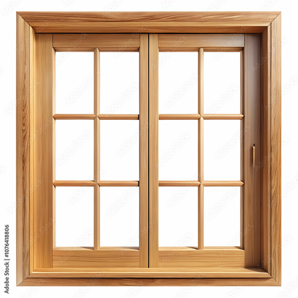 A wooden window design without glass showcases natural wood grain, framed against a crisp white background. A wooden window design without glass showcases natural wood grain, framed against a crisp white background.