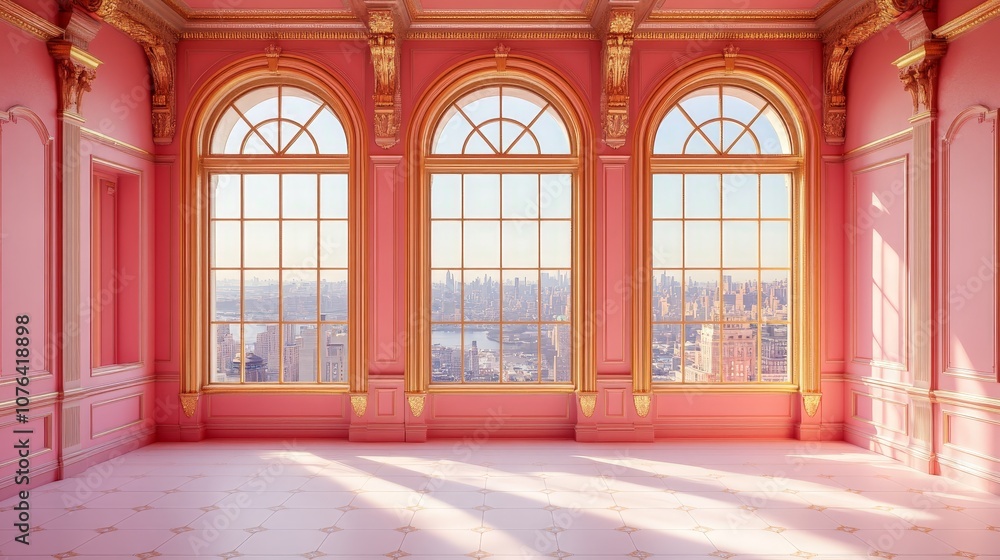 Fototapeta premium Elegant Pink Room with Sunlight Streaming Through Arched Windows