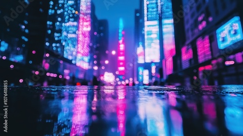 Neon Reflections on Wet Pavement in a City at Night