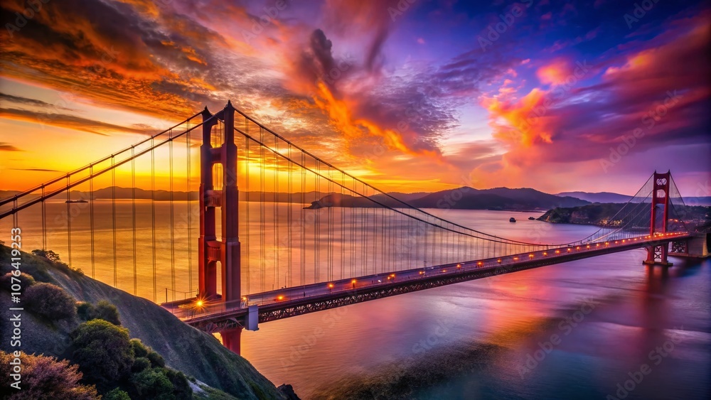 Fototapeta premium Captivating Silhouette of the Golden Gate Bridge at Sunset, Showcasing the Iconic San Francisco Landmark Against a Vibrant Colorful Sky and Serene Water Reflections