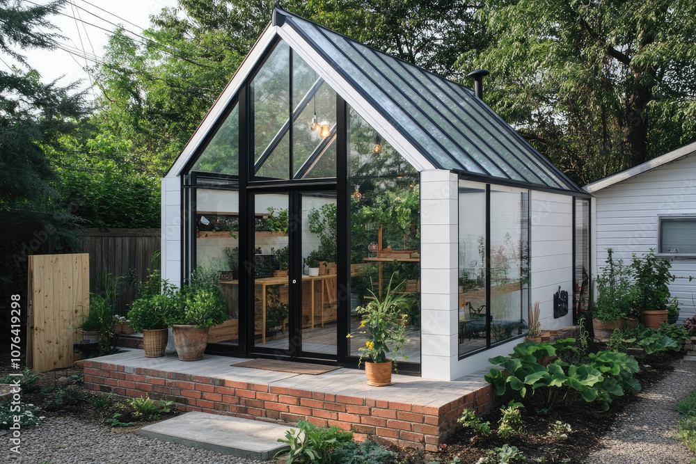 Small Modern Greenhouse with White Walls and Brick Accents for a Fresh Look Small Modern Greenhouse with White Walls and Brick Accents for a Fresh Look