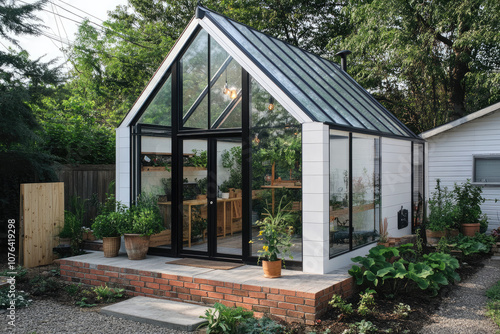 Small Modern Greenhouse with White Walls and Brick Accents for a Fresh Look