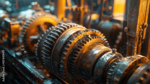 Close-Up of Large Industrial Gears and Machinery in Factory Setting