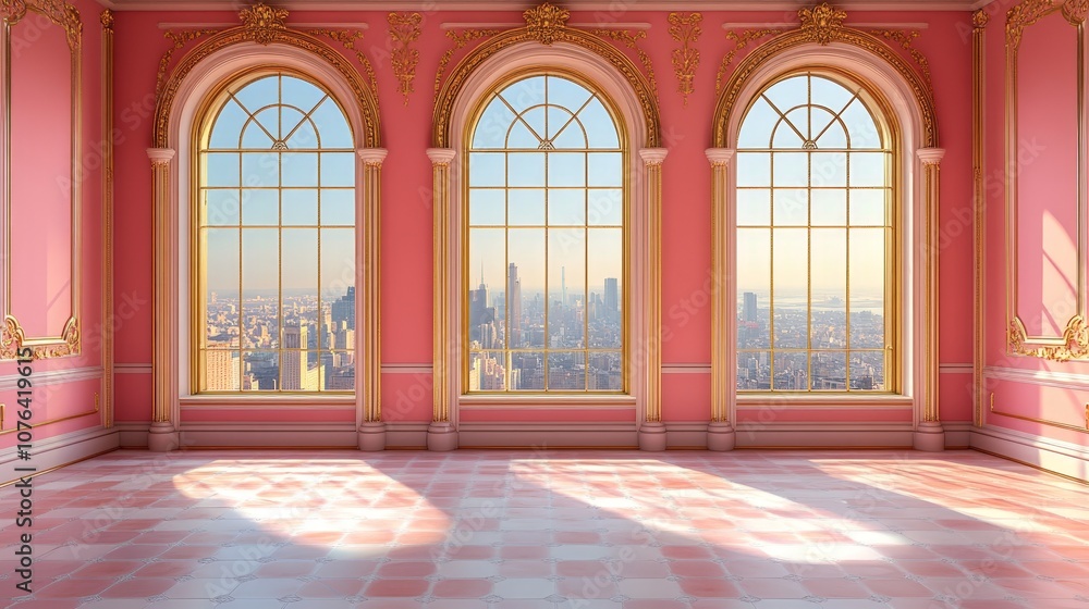 Fototapeta premium Elegant Pink Room with Sunlight Streaming Through Arched Windows
