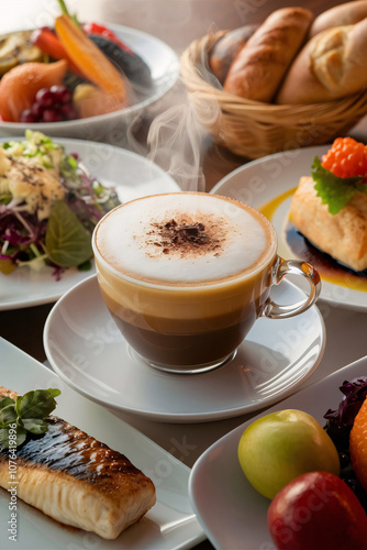 A photo of a cappuccino with a steaming milk foam top dusted with cocoa powder