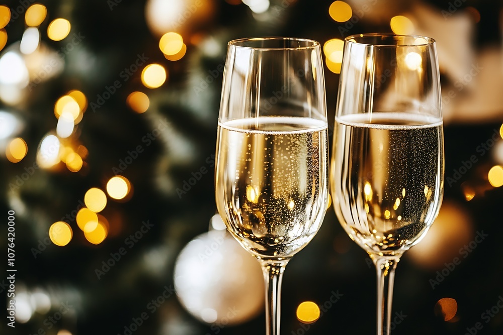 Champagne Flutes Celebrating in Front of Festive Lights : Generative AI Champagne Flutes Celebrating in Front of Festive Lights : Generative AI