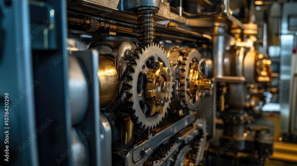 Close-Up of Large Industrial Gears and Machinery in Factory Setting Close-Up of Large Industrial Gears and Machinery in Factory Setting
