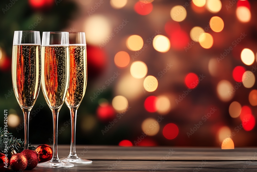 Festive Celebration with Champagne Glasses and Christmas Bokeh Lights : Generative AI Festive Celebration with Champagne Glasses and Christmas Bokeh Lights : Generative AI