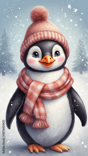 penguin in a scarf and hat against the background of a winter forest, gentle pastel colors, oil painting
