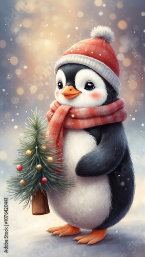 penguin in a scarf and hat with a Christmas tree against the backdrop of a winter forest, gentle pastel colors, oil painting