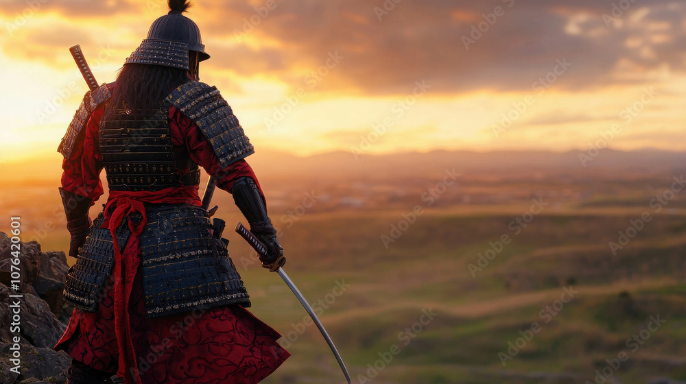 Dramatic Scene of a Samurai Warrior in Full Armor Standing Proudly on a Rocky Cliff Overlooking a Breathtaking Sunset Landscape with Vibrant Colors Dramatic Scene of a Samurai Warrior in Full Armor Standing Proudly on a Rocky Cliff Overlooking a Breathtaking Sunset Landscape with Vibrant Colors
