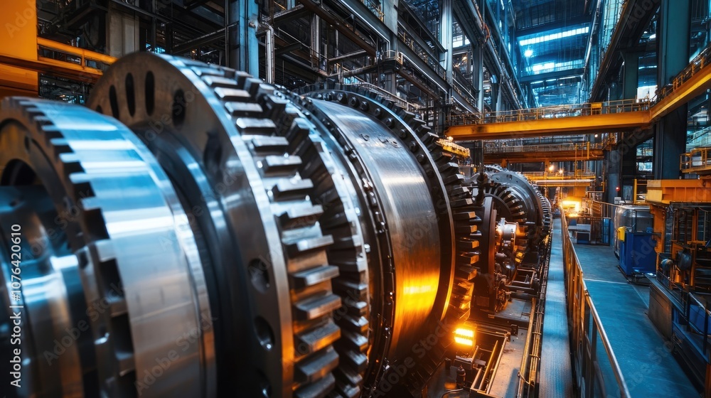 Close-Up of Large Industrial Gears and Machinery in Factory Setting Close-Up of Large Industrial Gears and Machinery in Factory Setting