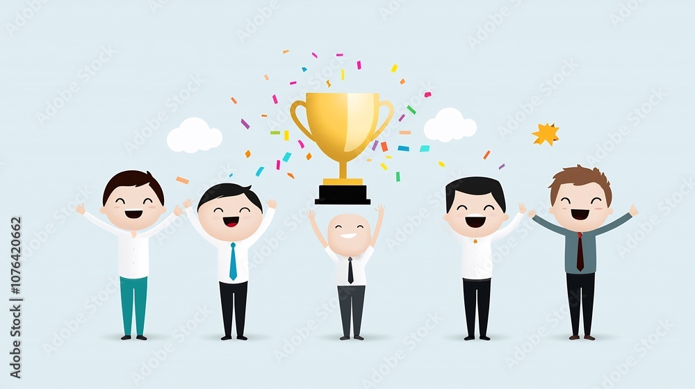 Joyful of Four Enthusiastic Office Professionals Holding Up a Large Shimmering Golden Trophy with Colorful Confetti and Sparkling Accents on a Light Blue Background with Fluffy Clouds Joyful of Four Enthusiastic Office Professionals Holding Up a Large Shimmering Golden Trophy with Colorful Confetti and Sparkling Accents on a Light Blue Background with Fluffy Clouds