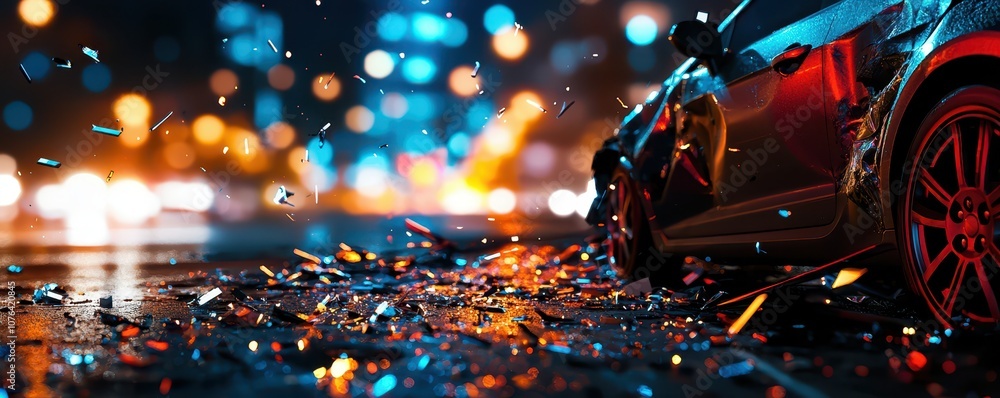 A close-up of a car with shattered glass on a rain-soaked street, illuminated by vibrant city lights. A close-up of a car with shattered glass on a rain-soaked street, illuminated by vibrant city lights.
