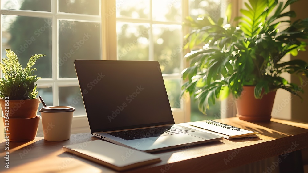 Modern Home Office Setup with Laptop and Potted Plants by Sunlit Window for Productivity : Generative AI Modern Home Office Setup with Laptop and Potted Plants by Sunlit Window for Productivity : Generative AI