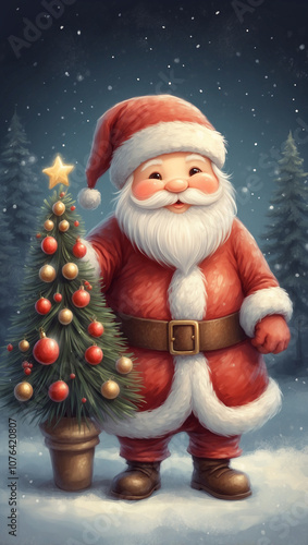 Santa Claus with a Christmas tree, gentle pastel colors, oil painting