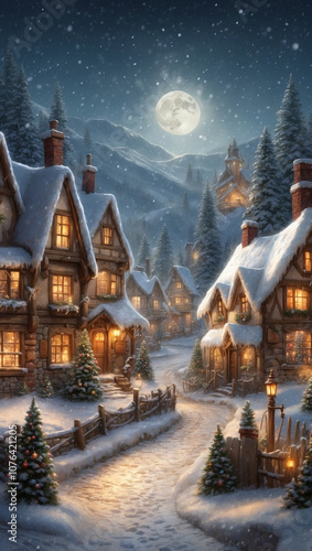 Painting depicting a cozy, snow-covered village nestled among pine trees under a nighttime sky dominated by a large, diffused full moon. The scene is characterized by a strong sens