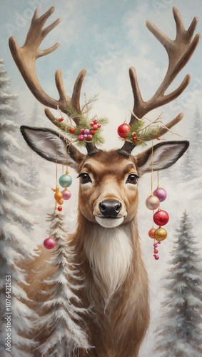 Deer head on a snowy forest background. Christmas toys hanging on the horns. Christmas night