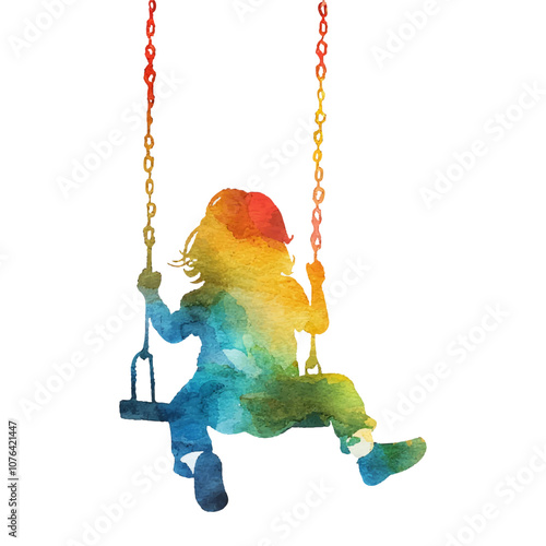 abstract color silhouette of kid on swing vector illustration in watercolor style