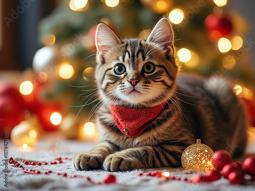 猫と過ごすクリスマス。あたたかい室内。