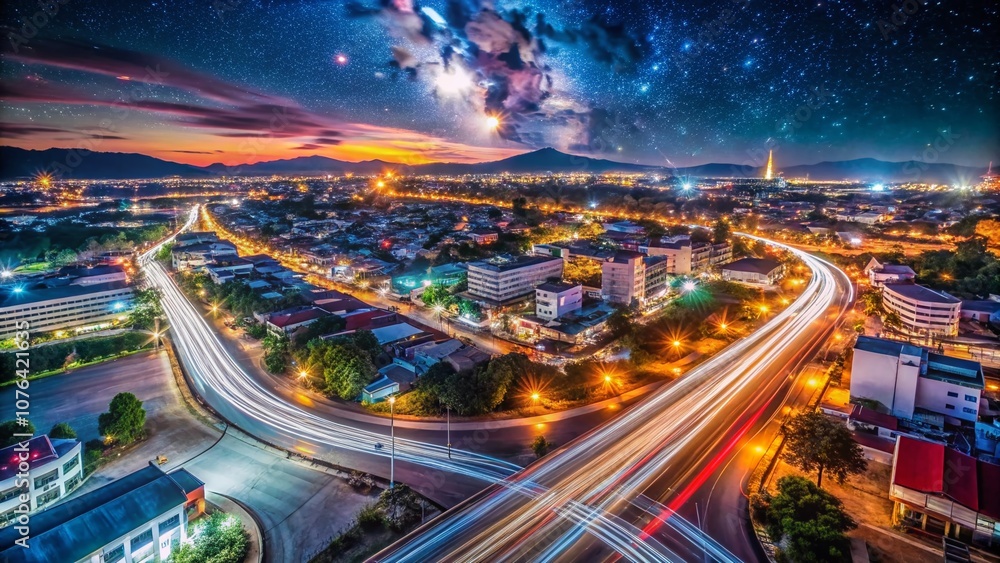 Obraz premium Captivating Time Lapse of City Lights and Traffic with Stars in Orbit at Khao Praya Dern Thong Viewpoint, Lopburi, Thailand - High ISO and Long Exposure Effects