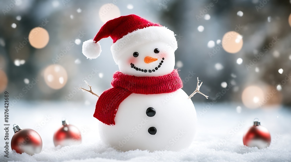 Cheerful Snowman with Red Scarf and Hat in Magical Winter Wonderland : Generative AI Cheerful Snowman with Red Scarf and Hat in Magical Winter Wonderland : Generative AI