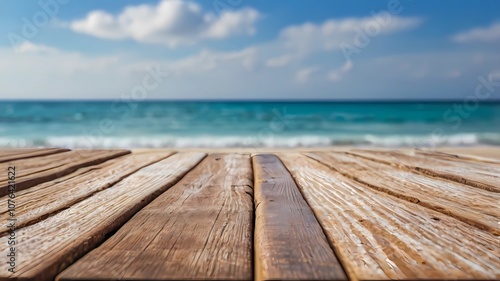 wooden board and blurred sparkling sea at the background. It is possible to place your product. Summer holiday concept