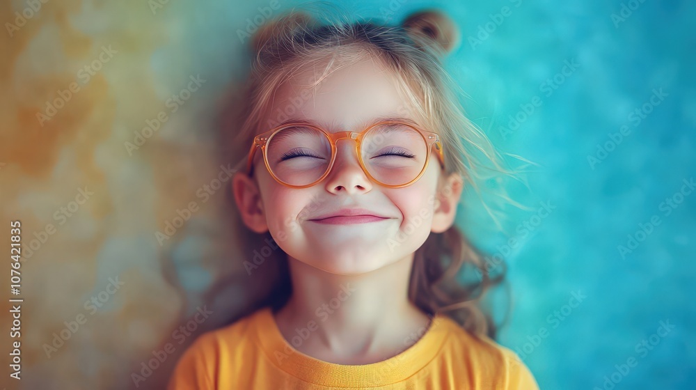 Cheerful Young Girl Smiling with Glasses Against a Colorful Background, Radiating Innocent Joy and Playful Energy in a Vibrant Portrait Capturing Childhood Happiness Cheerful Young Girl Smiling with Glasses Against a Colorful Background, Radiating Innocent Joy and Playful Energy in a Vibrant Portrait Capturing Childhood Happiness