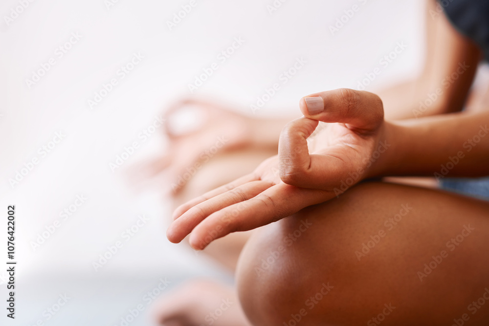 Naklejka premium Woman, hands and meditation with inner peace for mindfulness, health or zen on floor in studio. Closeup, female person or yogi with mantra, mudra or lotus for spiritual ritual, wellness or yoga
