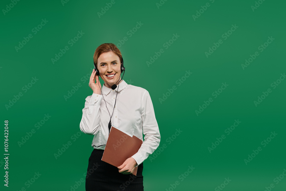 A woman in formal attire interacts with clients, showcasing professionalism in a dynamic call center environment. A woman in formal attire interacts with clients, showcasing professionalism in a dynamic call center environment.
