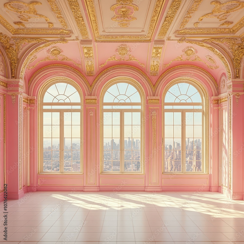 Elegant Pink Room with Sunlight Streaming Through Arched Windows Elegant Pink Room with Sunlight Streaming Through Arched Windows