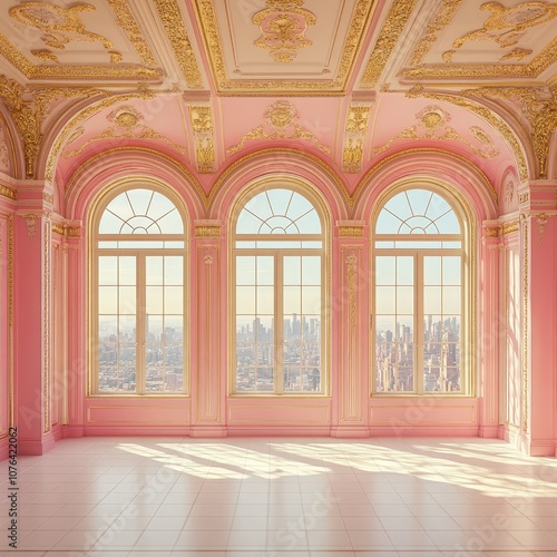 Elegant Pink Room with Sunlight Streaming Through Arched Windows