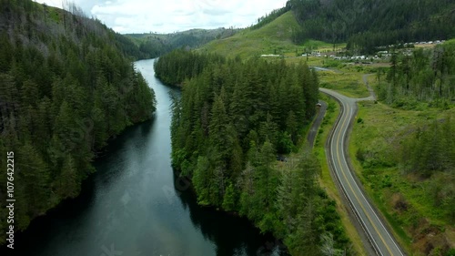 USA, OR, Estacada, Promontory Park, 2024-06-17 - Flying over the North Fork of the Clackamas River at the PGE Campground with Highway 224 on the right photo