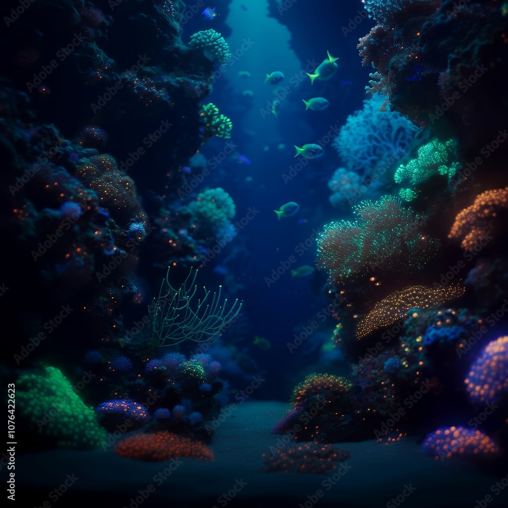 A mysterious deep-sea scene with glowing bioluminescent creatures in dark water, softly illuminated coral formations, and a surreal sense of depth and tranquility. A mysterious deep-sea scene with glowing bioluminescent creatures in dark water, softly illuminated coral formations, and a surreal sense of depth and tranquility.