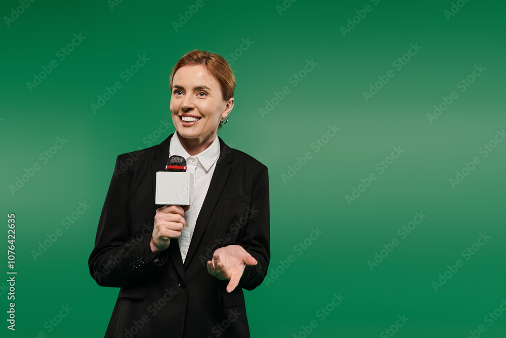 A captivating presenter, dressed in black formal attire, engages viewers A captivating presenter, dressed in black formal attire, engages viewers