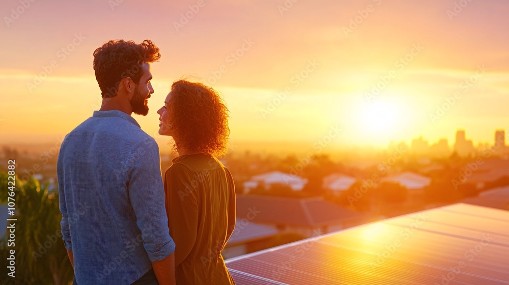 Fototapeta premium Couple Admiring Sunset from Rooftop with Solar Panels in Peaceful Mood