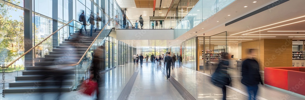 Abstract blurred motion of people walking in an office building with glass walls, captured with a long exposure. Concept of business team work and group or crowd movement on a staircase Abstract blurred motion of people walking in an office building with glass walls, captured with a long exposure. Concept of business team work and group or crowd movement on a staircase
