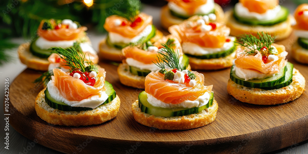 Festive Holiday Appetizer: Smoked Salmon with Cream Cheese and Dill on Cucumber Slices Festive Holiday Appetizer: Smoked Salmon with Cream Cheese and Dill on Cucumber Slices
