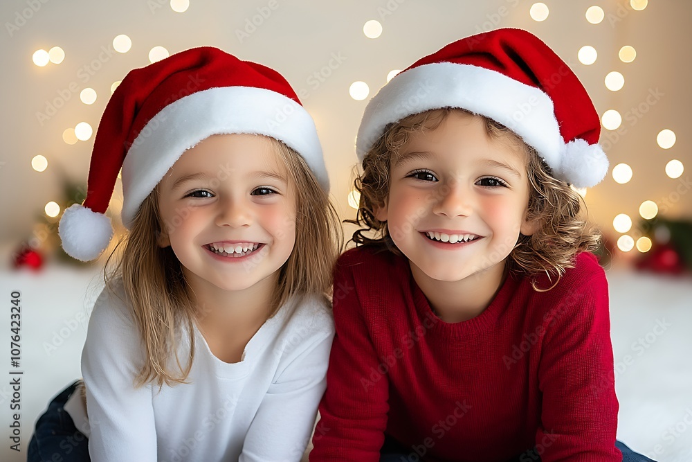 Excited Siblings Enjoying Festive Holiday Season in Red and White : Generative AI Excited Siblings Enjoying Festive Holiday Season in Red and White : Generative AI