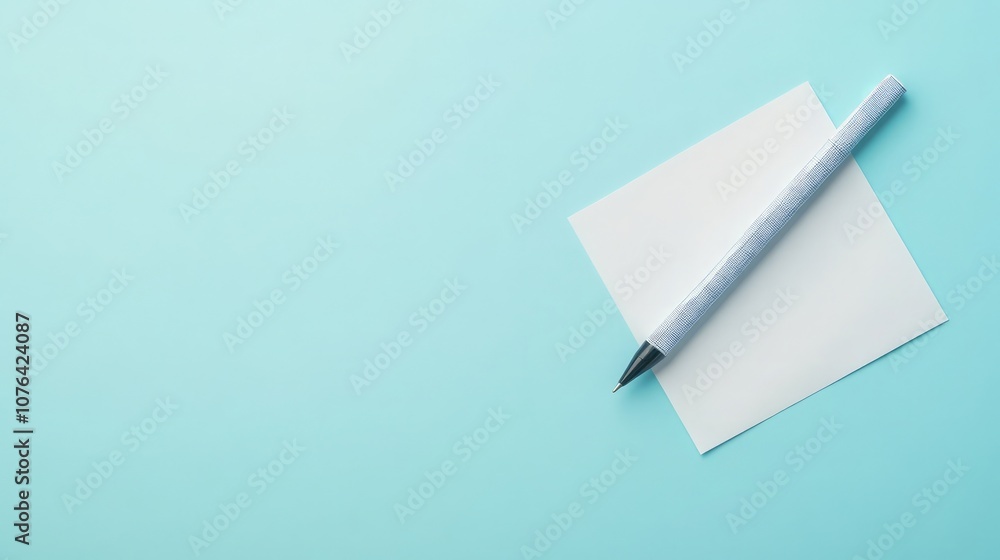 A pencil lies on a blank white note, ready for writing on a light blue background. A pencil lies on a blank white note, ready for writing on a light blue background.