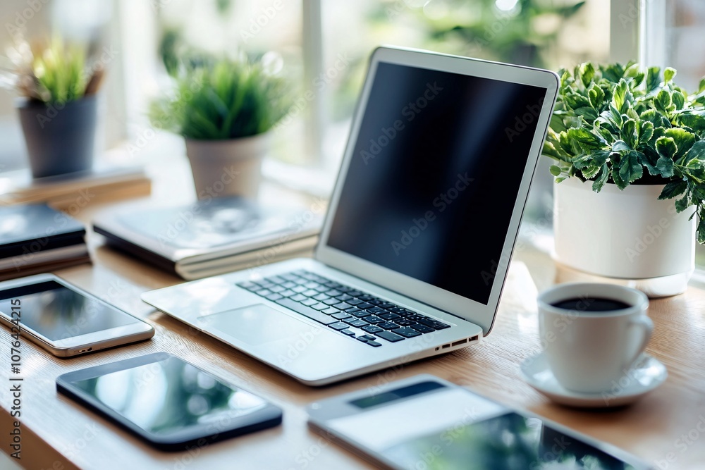 Minimalist Workspace with Laptop, Coffee and Plants: A Modern Office Setup Minimalist Workspace with Laptop, Coffee and Plants: A Modern Office Setup