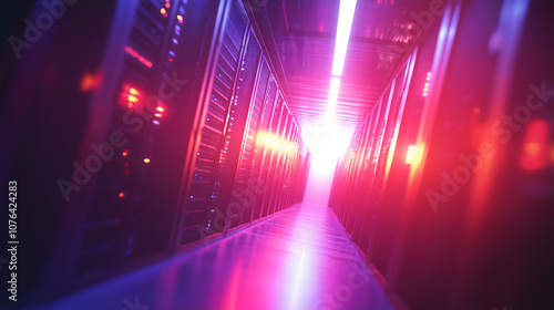 Dark servers data center room with bright halo light going through the corridor 3D rendering