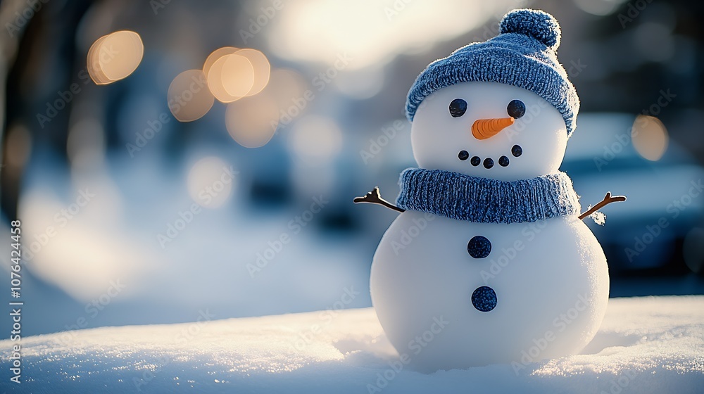 Fototapeta premium Charming Snowman on Winter Day with Bright Blurred Lights Creating a Cozy Seasonal Atmosphere : Generative AI